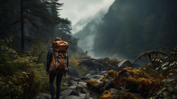 A person with a backpack walking through a forest photo