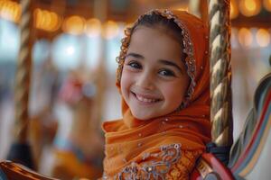 A young girl in an orange headscarf smiles while riding a carousel photo
