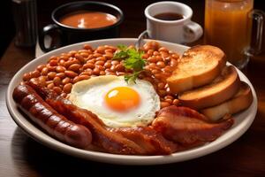 A plate of breakfast food on a table photo