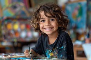 A young boy smiles while painting at an art studio photo