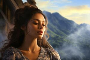 A beautiful woman is sitting on a bench with mountains in the background photo