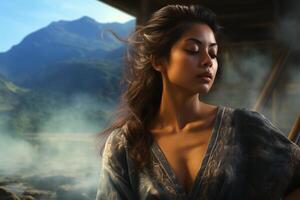 A beautiful woman in a blue dress standing in front of a mountain photo