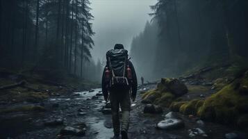 A man with a backpack walking through a forest photo