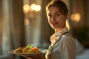 A woman in an apron holding a plate with food photo