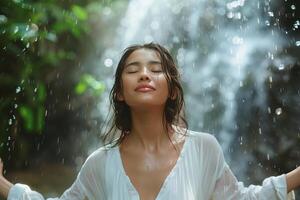 A woman in white shirt standing under a waterfall photo