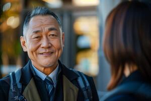 An asian man talking to a woman photo