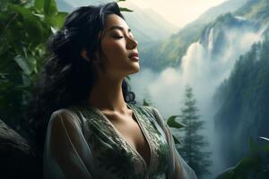 A woman in a green dress is looking up at a waterfall photo