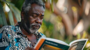 An older man reading a book in the park photo