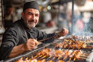 A man grilling meat on skewers photo