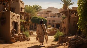 Jesus walking through a village in the desert photo