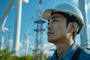 A man in a hard hat standing in front of wind turbines photo