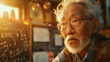 An old man with glasses and a beard sitting at a desk photo