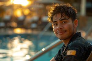 A man sitting by a pool photo