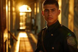 A man in uniform standing in a hallway photo