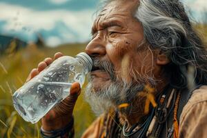 An old man drinking water from a bottle photo
