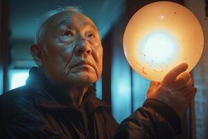 An older man holding a light bulb photo