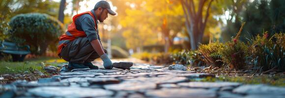 A man kneeling on the ground with a shovel photo