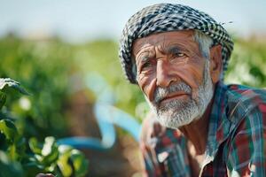 An old man in a plaid shirt and hat in a field photo