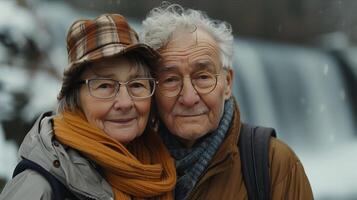 An older couple is standing in front of a waterfall photo