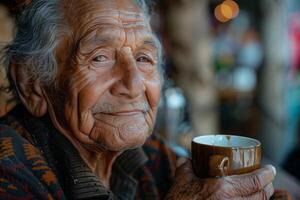 An old man holding a coffee cup photo