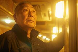 An older man is standing in a dimly lit room photo