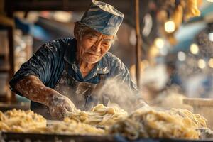 An older man is making noodles in a kitchen photo