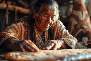 An indian man is working on a piece of wood photo