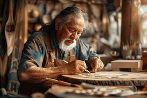 An old man is working on a wooden object photo