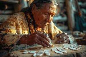 An old native man is making a piece of wood photo