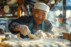 An older man is making dumplings in a kitchen photo