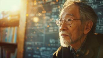 An old man with glasses and a beard sitting in front of a chalkboard photo