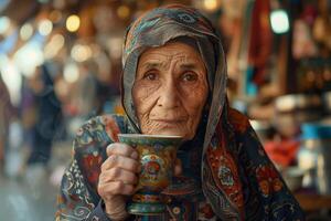 An old woman holding a cup of tea photo