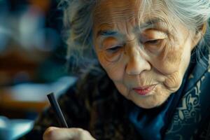 An elderly woman is writing on a piece of paper photo