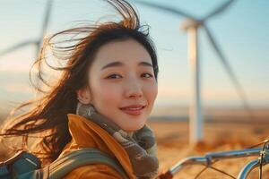 A woman with a bicycle and wind turbines in the background photo