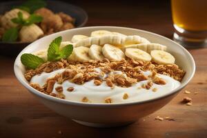 Banana and granola bowl with yogurt and granola photo