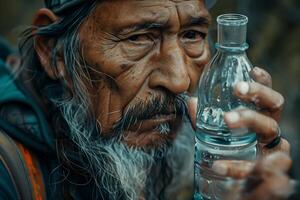 An old man with a beard and hat holding a bottle photo