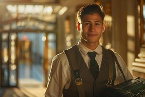 A young man in a suit and tie holding a suitcase photo