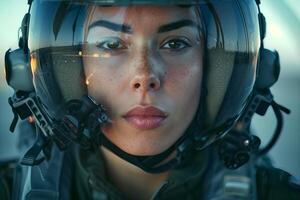 A woman in a fighter jet helmet photo