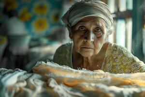 An elderly woman sits in a bed with a blanket photo