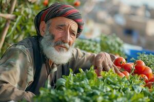 An old man with a turban sitting in front of a garden photo