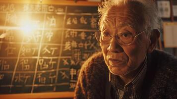 An elderly man is looking at a chalkboard photo