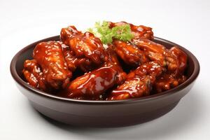 A bowl of wings with sauce on a white background photo