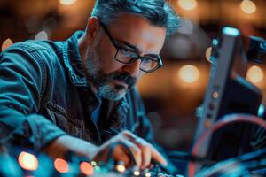 A man in glasses and a jacket is working on a computer photo
