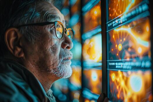 un más viejo hombre mirando a un pantalla con muchos diferente imágenes foto