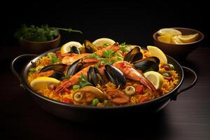 Paella with seafood and rice in a pan on a table photo