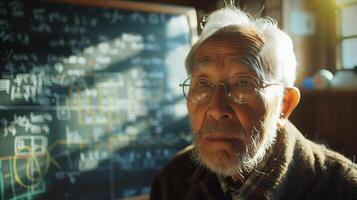 An elderly man with glasses and a sweater is looking at a blackboard photo