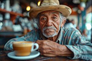 An old man in a hat sitting at a table with a cup of coffee photo