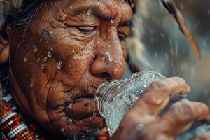 An old man drinking water from a bottle photo