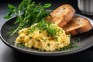 Scrambled eggs with bread and herbs on a black plate photo