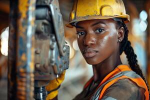 A woman in an orange hard hat and safety vest photo
